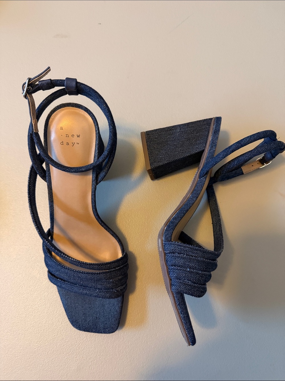 a new day Navy Denim Strappy Block Heel Sandals